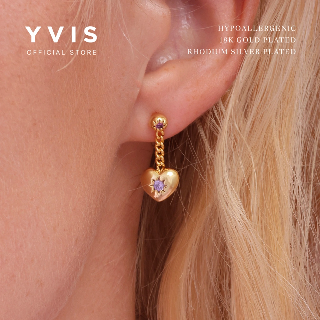 YVIS Adore Love Stud Earrings |18K Gold Plated Hypoallergenic - Anting Wanita - Rhodium Plated