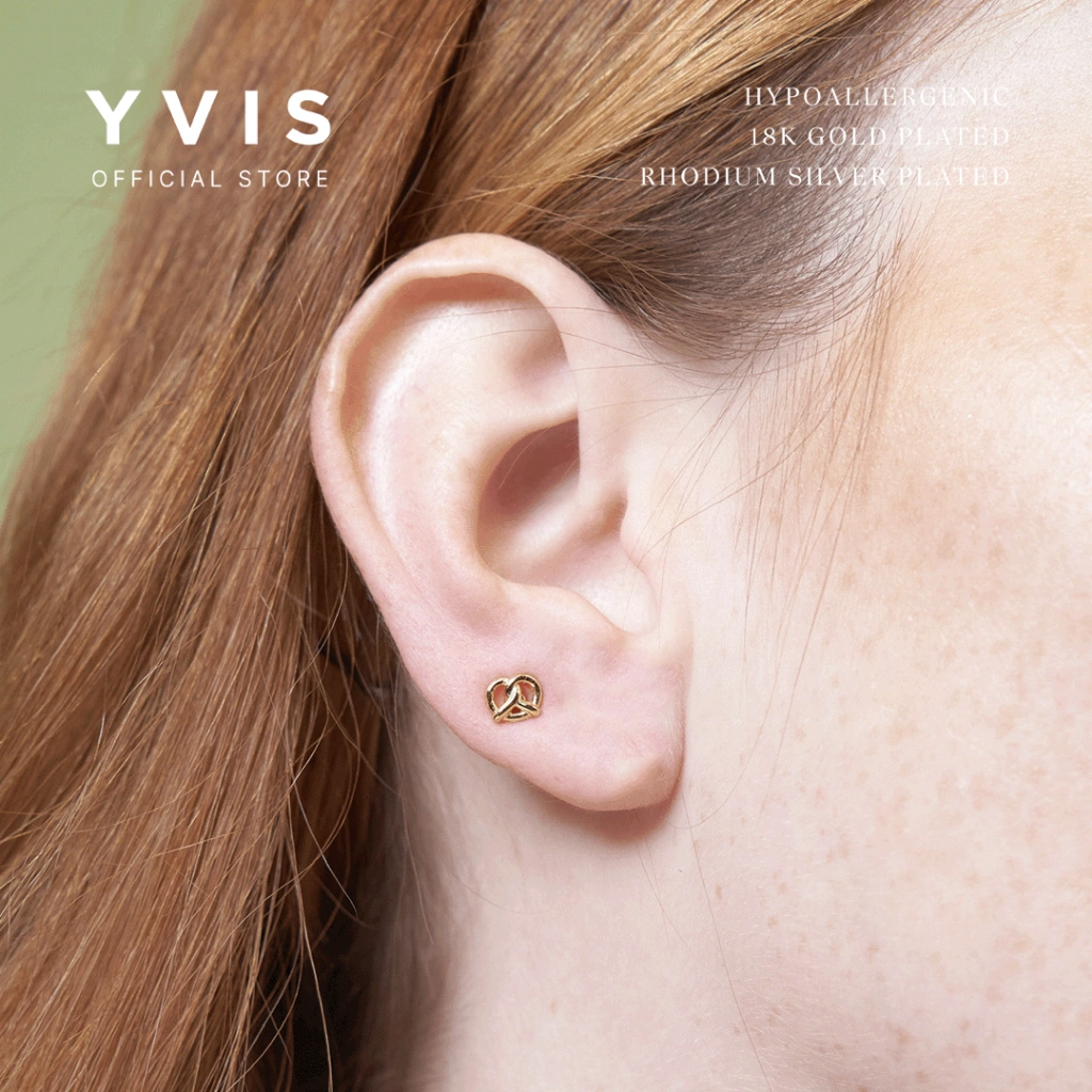 YVIS Tiny Pretzel Stud Earrings | 18K Gold Plated Hypoallergenic - Anting Stud Tindik Telinga Wanita - Rhodium Plated