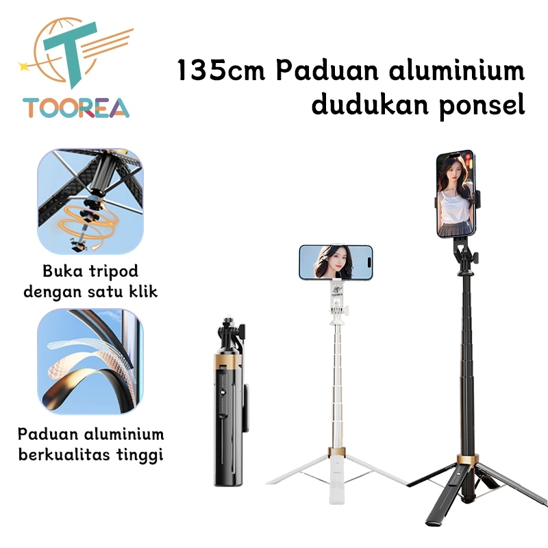 TOOREA Y13 Tongsis Tripod 135cm Paduan Aluminium Selfie Stick 4 Kaki Tripod HP Kamera DSLR Tongsis Handphone Holder Remote Control Bluetooth Dengan 1/4 Adaptor