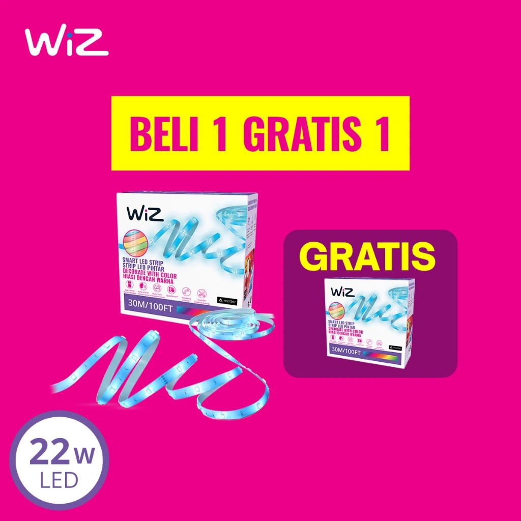 Beli 1 Gratis 1 WiZ Lampu Smart LED Strip 30M Starter Kit WiFi RGB adaptor – Lampu Hias TV, Lampu Dinding