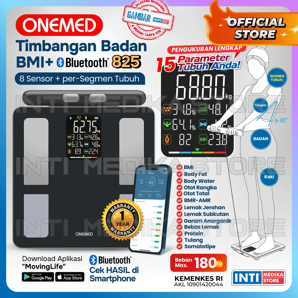 ONEMED - Timbangan Badan BMI Body Fat 825 with Bluetooth Android / IOS | Smart Digital Scale 8 Electrode Full Body Analysis