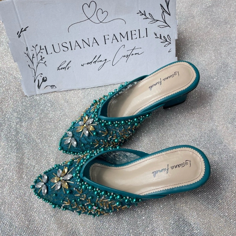 Lusiana fameli Ryujin | Sepatu brukat heels wanita tinggi datar - 7 cm untuk acara formal kondangan wisuda lamaran model Payet premium warna pink