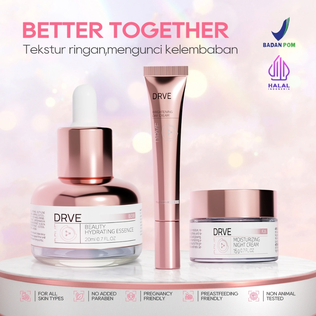 Drve Beauty Kit Bundle 3(Moisturizing Night Cream+Brightening Day Cream+Hydrating Essence) MENGANDUNG NIACINAMIDE TEKSTUR RINGAN, MENGUNCI KELEMBABAN