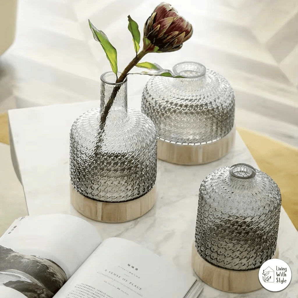Living With Style - Sandy Rustic Wood and Glass Flower Vase / Vas Bunga Kaca Premium Cantik Nordic / Vas Pajangan Shabby Aesthetic