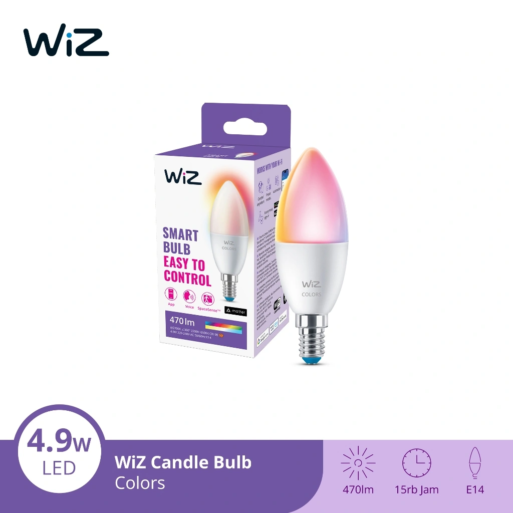 WiZ Lampu Smart WiFi Candle Bulb LED 4.9W E14 Tunable Color Warna - Lampu Aesthetic, Lampu Hias