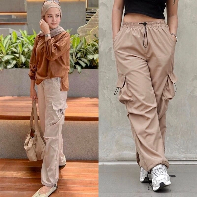 Kazoo Celana Cargo Wanita Tali Serut Karet Pinggang Korean Style Premium