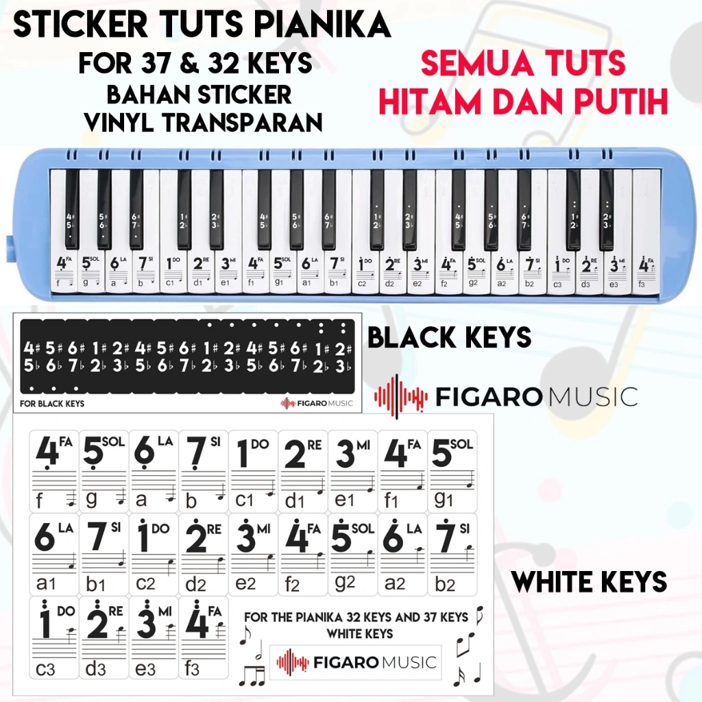 Stiker Pianika 37 Keys, 32 Keys - Sticker Tuts Pianika Melodica Simple Polos - DOREMI, NOT ANGKA, NOT HURUF, NOT BALOK