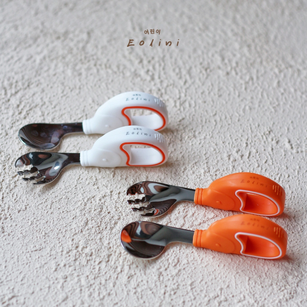 [ Eolini ] Silicone Set Learning Spoon Fork Bend Stainless Elephant / Sendok Garpu Besi Bengkok Anak Gagang Silikon Set Bentuk Gajah