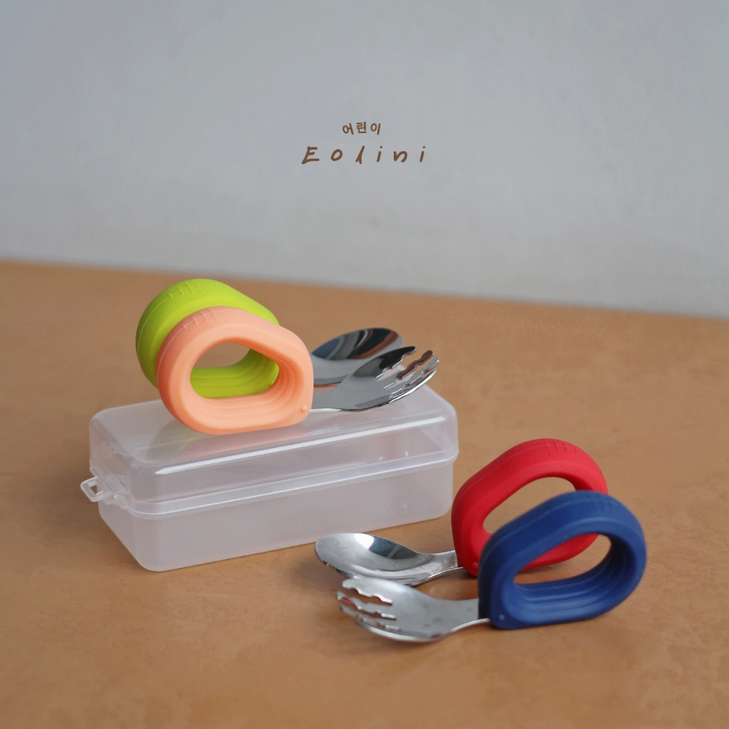 [ Eolini ] Silicone Set Learning Spoon Fork Bend Stainless / Sendok Garpu Besi Bengkok Anak Gagang Silikon Set