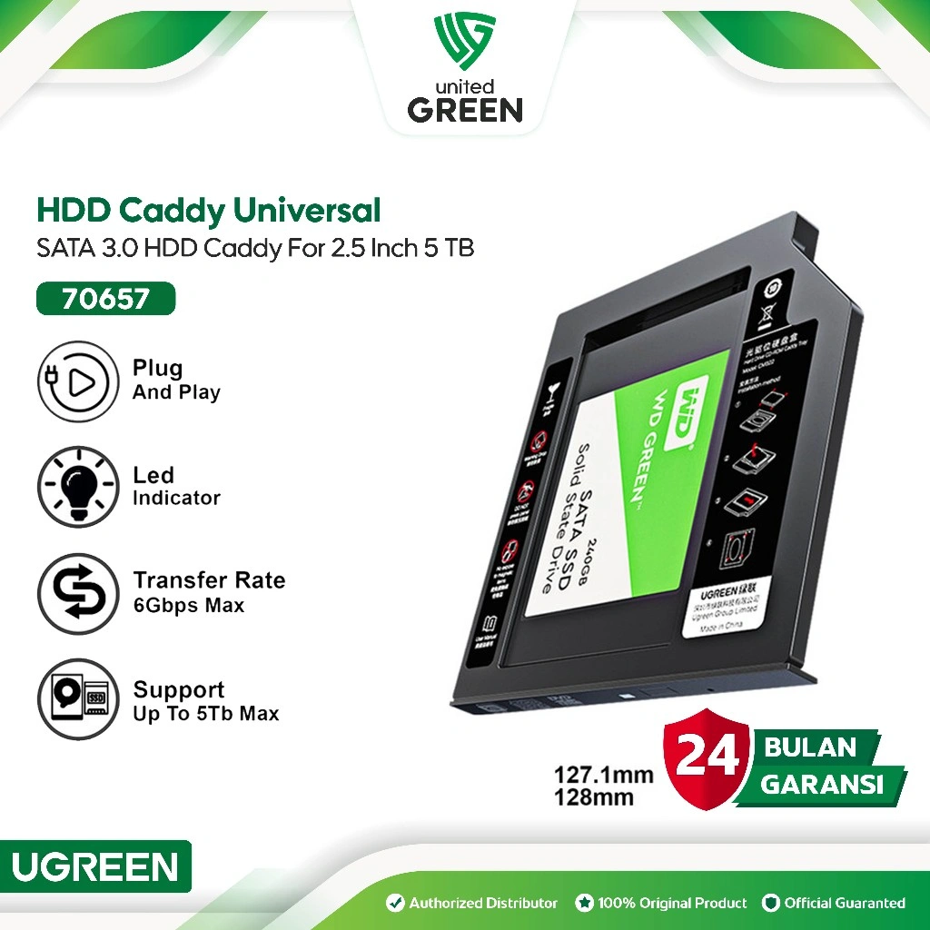 UGREEN SSD HDD Caddy Slim 9.5mm UGREEN Sata DVD Slot Hardisk 2.5" SSD 5TB 70657
