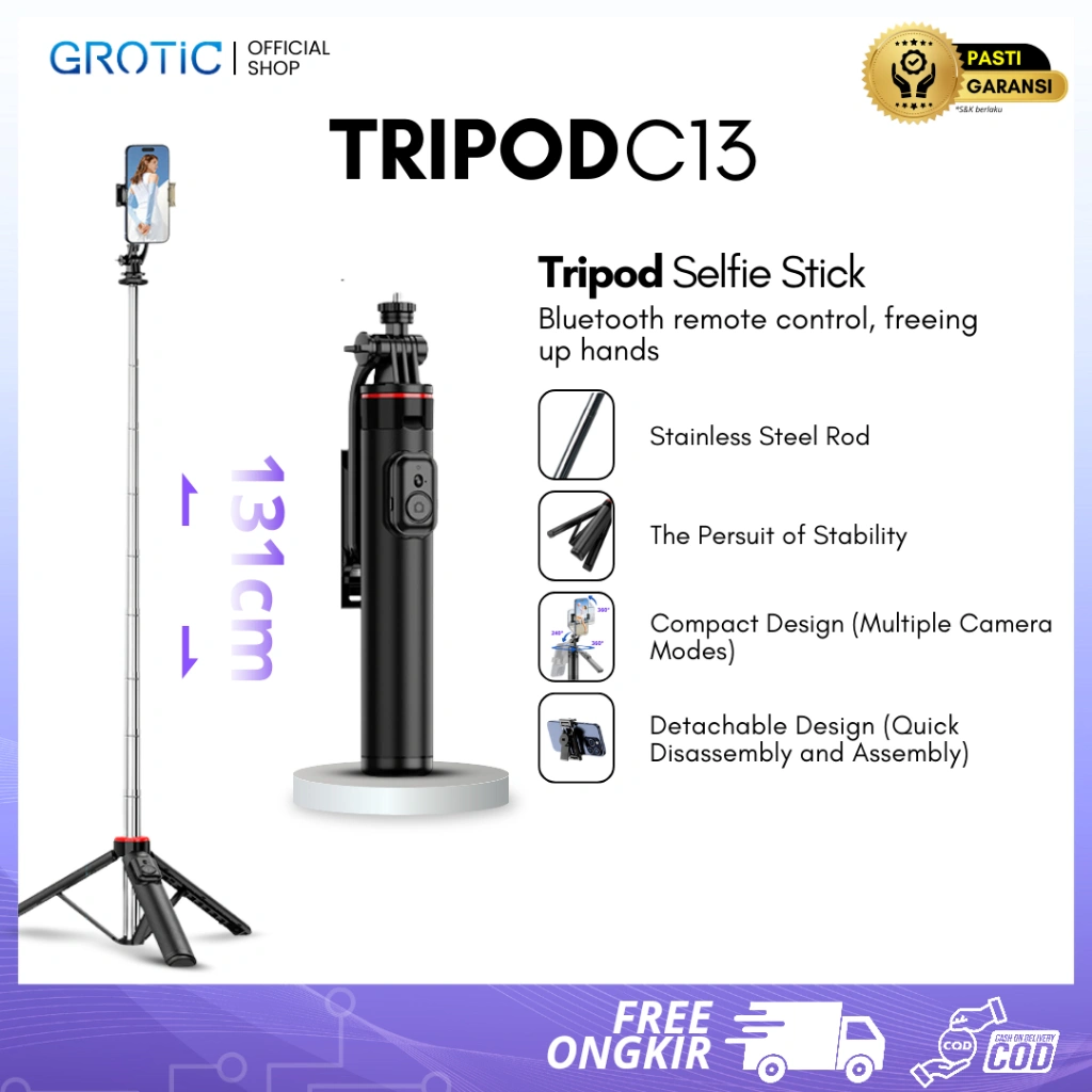 GROTIC Tripod HP Kamera Tongsis Monopod 135Cm Dengan Remote Bluetooth C13