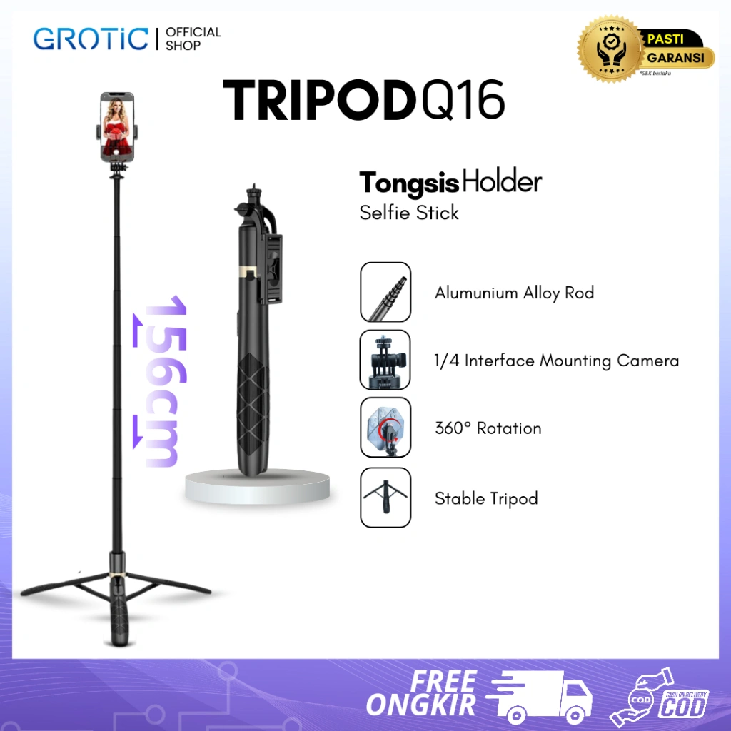 GROTIC Tripod HP Kamera Tongsis Monopod Portable 153cm With Remote Bluetooth And Screw Mount 1/4 Q16