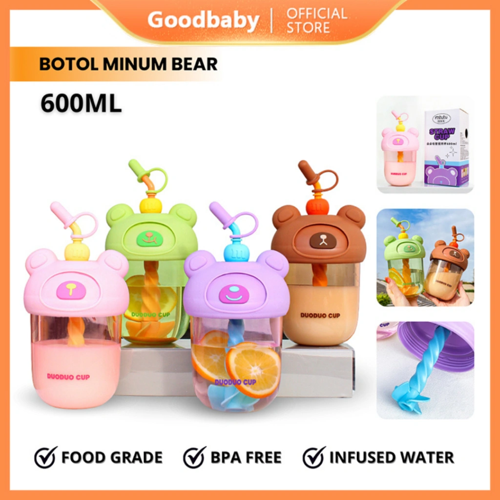 Goodbaby |Botol Minum Bayi | Botol Minum Lucu | Botol Minum Aesthetic |  Botol Minum Plastik Bear 600ML | Botol Minum Anak Beruang Warna Warni Sedotan