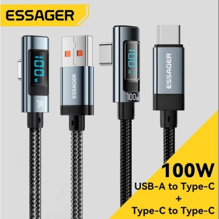 ESSAGER 100W Siku Kabel Usb A To Type C Fast Charging I Kabel Type C To Type C  Tampilan Digital Pengisi Daya Untuk Oppo Samsung