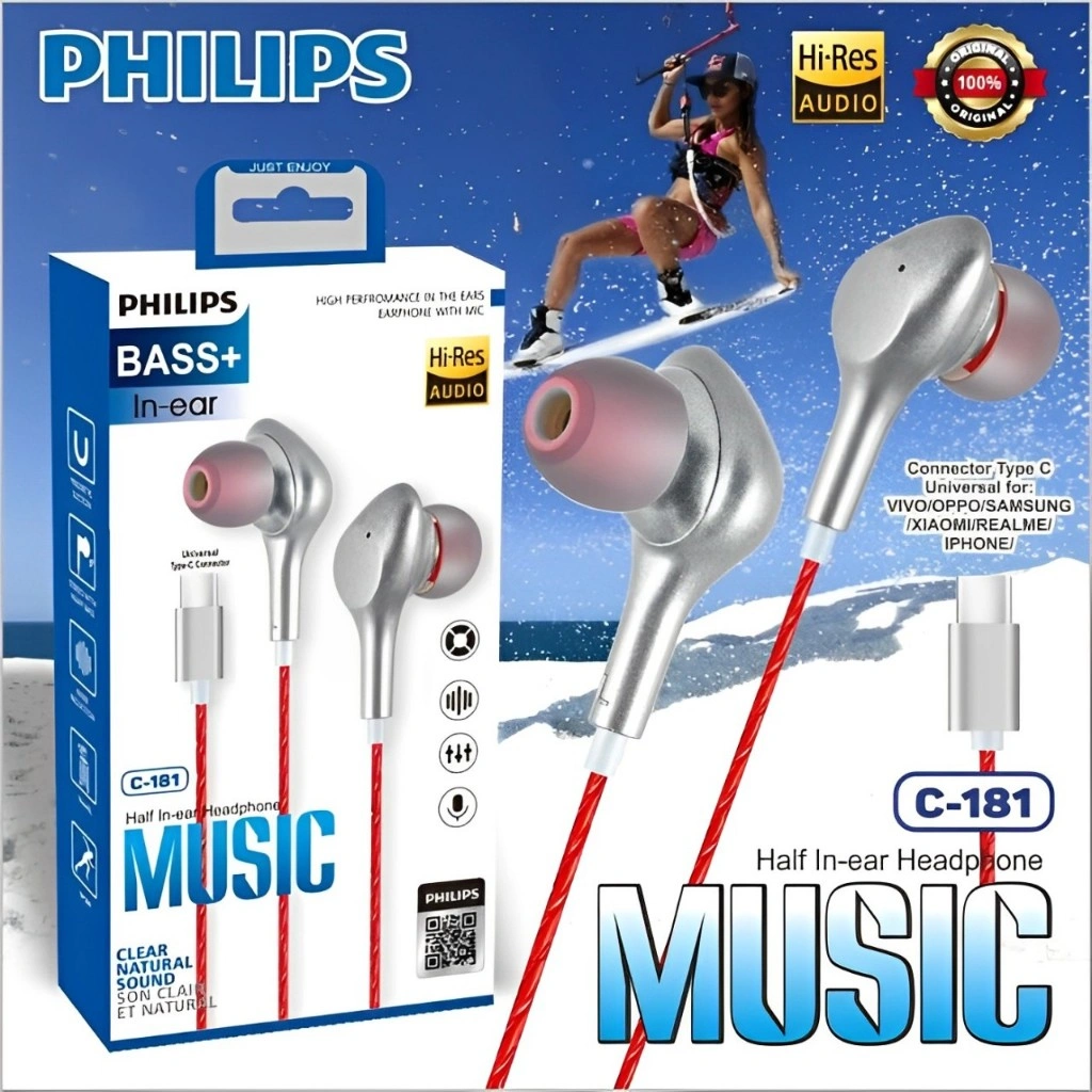 HANDFREE HEADSET PHILIPS / JBL TYPE C C-180 / C-181 WITH MIC | SUPER BASS+ STEREO JACK TIPE-C PACK HiFi Handsfree EARPHONE / HEADPHONE