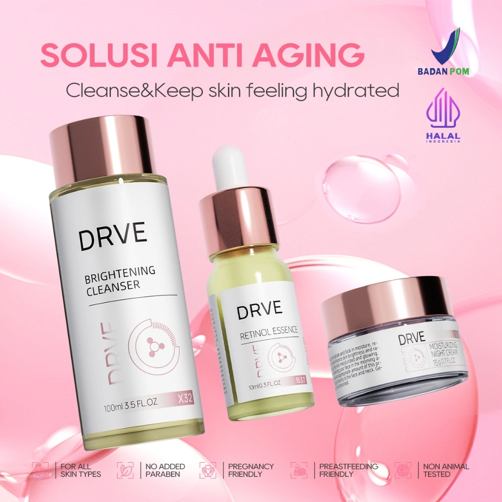 Drve Anti Aging Kit Bundle 3 (Brightening Cleanser+Moisturizing Night Cream+Retinol Essence) MENGANDUNG NIACINAMIDE SOLUSI ANTI AGING CLEANSE & KEEP SKIN FEELING HYDRATED