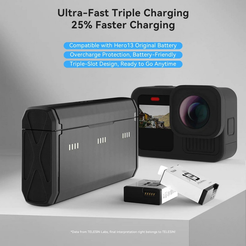 Telesin Battery Charger Gopro Hero 13 LED indicator 3 Slot Include 2 pcs Battery