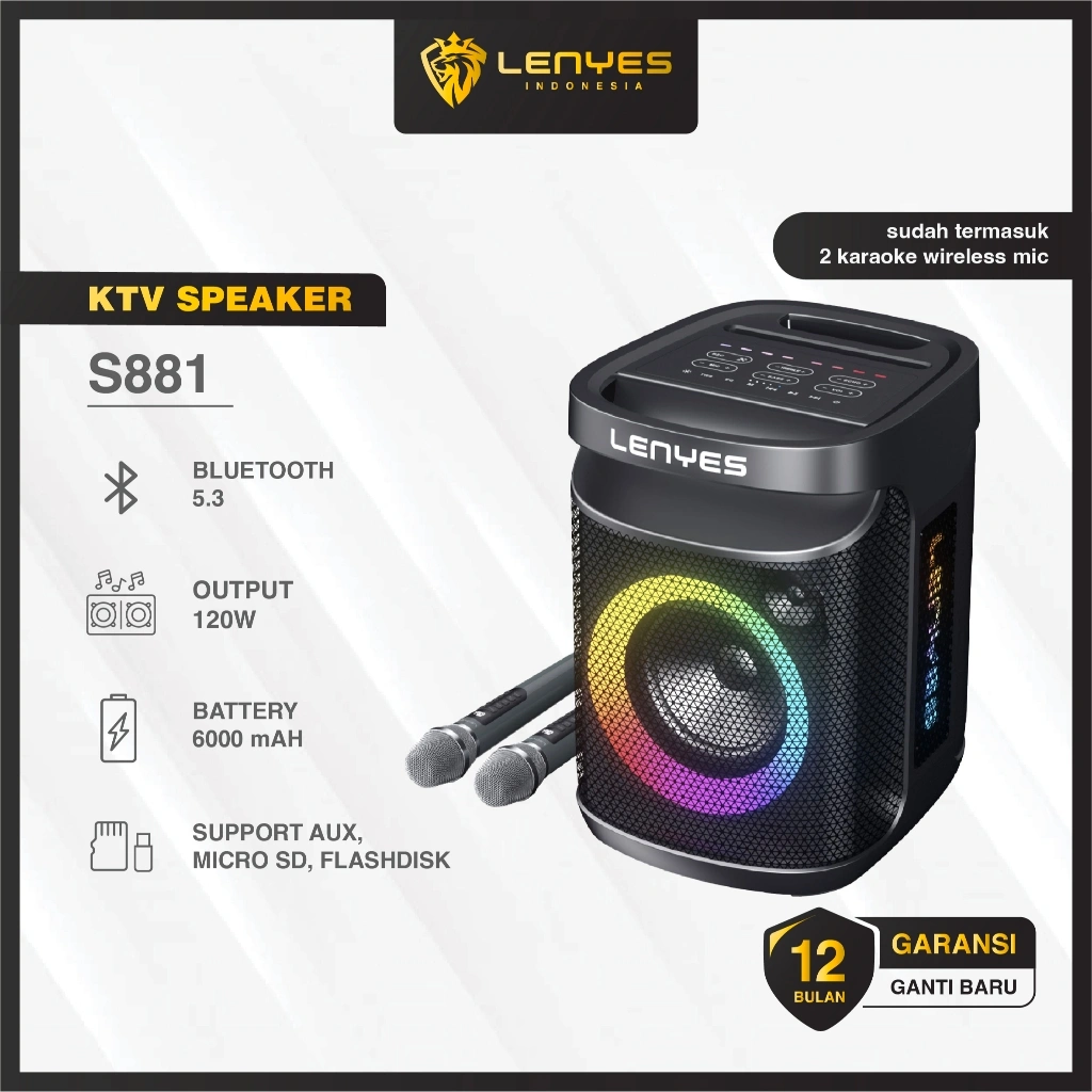 LENYES S881 120W KTV Wireless Speaker + Microphone Karaoke Bluetooth 5.3 Portable RGB Light Waterproof IPX4 TWS
