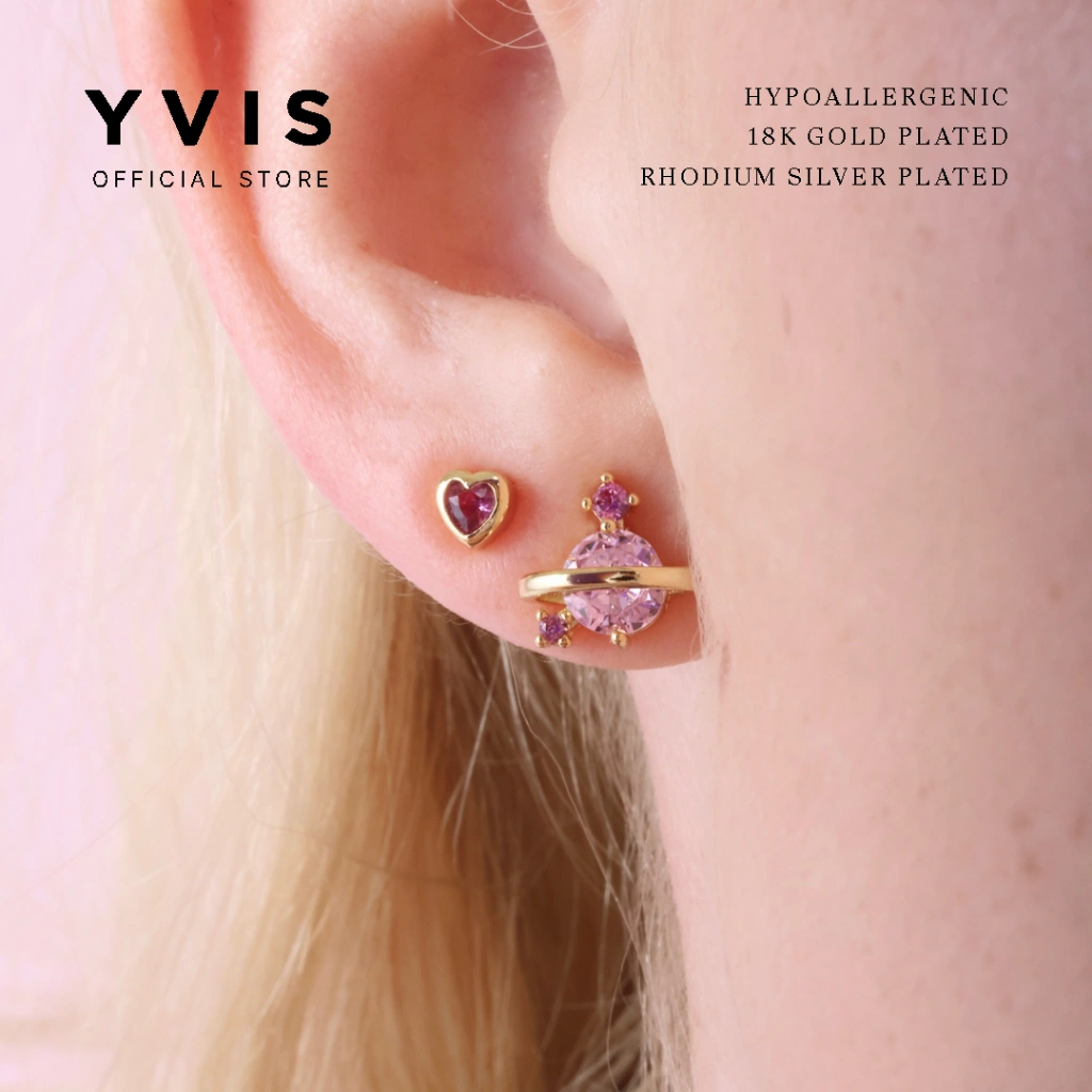 YVIS Uranus Stud Earrings | 18K Gold Plated Hypoallergenic - Tindik Telinga Wanita - Rhodium Plated