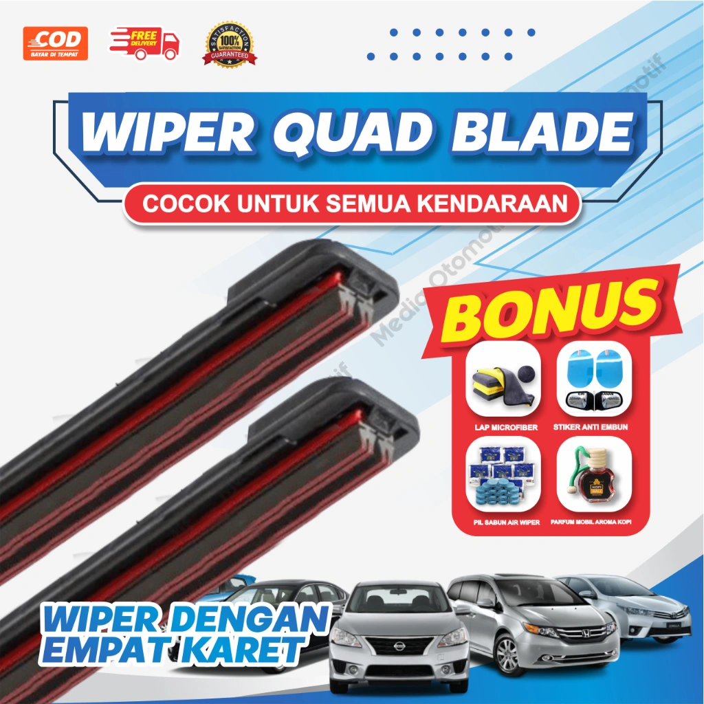 Paket Lengkap Wiper Mobil 4 Karet Quad Blade Frameless Universal Bonus 4 Item Perawatan Mobil