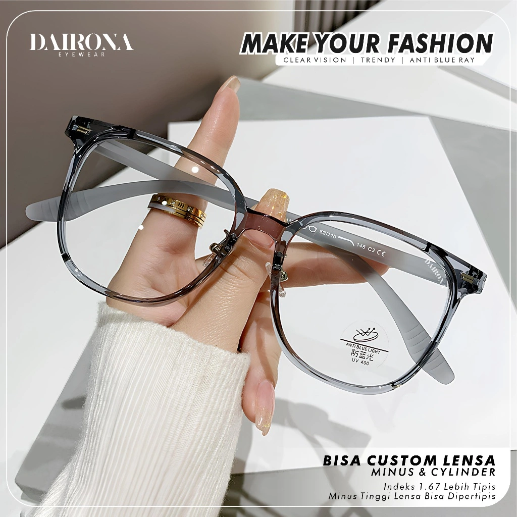 Dairona Eyewear Kacamata Photocromic Lensa Minus Anti Radiasi Anti Blueray Wanita Pria Terbaru Kacamata Fashion TR-90 Bentuk Kotak 1124