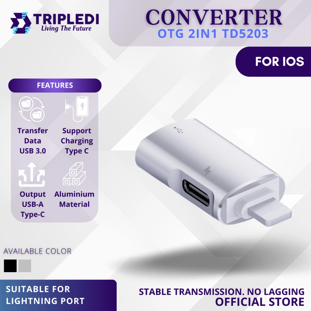 TRIPLEDI OTG 2IN1 Lightning To USB 3.0 Type C TD5203 Aluminium Charging Port Converter Adapter Flashdisk Data Transfer Pengisi Daya For iPhone IOS Charger