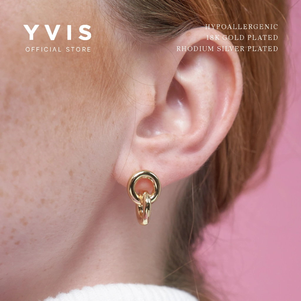 YVIS Cross Drop Stud Earrings | 18K Gold Plated Hypoallergenic - Anting Stud Tindik Telinga Wanita - Rhodium Plated