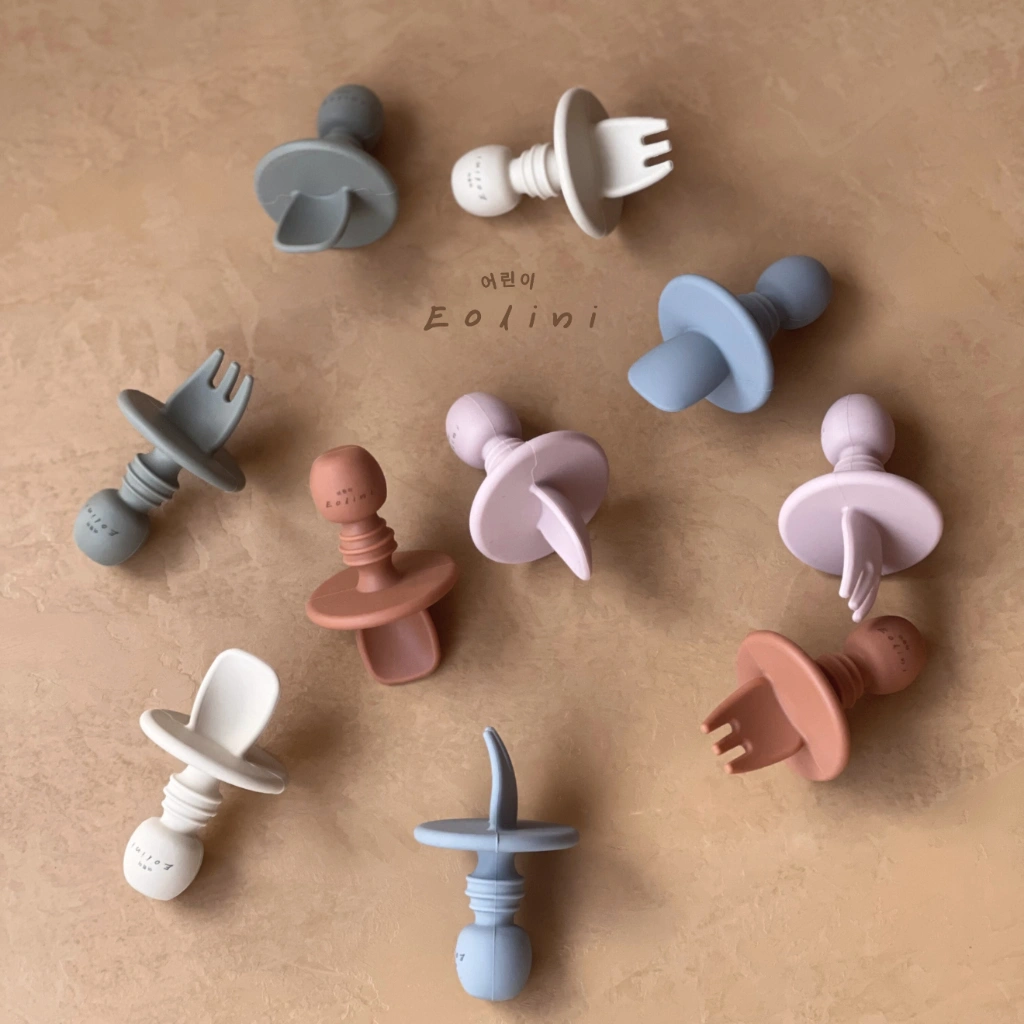 [ Eolini ] Silicone Training Baby Spoon & Fork / Sendok Garpu Latihan Makan Anak Bayi
