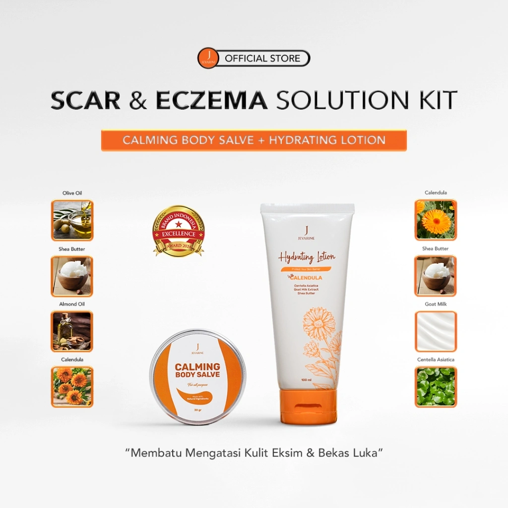 Jevarine Scars & Ezcema Solution Kit - Hydrating Lotion + Calming Body Salve - Untuk Kulit Kering, Gatal & Mudah Pecah-Pecah