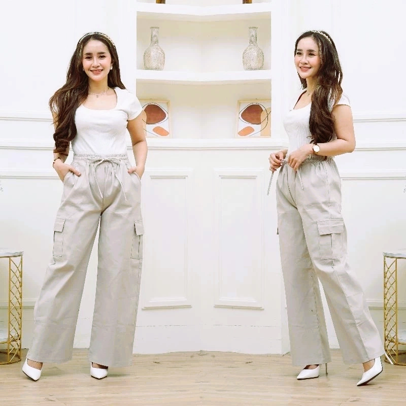 Emsoo celana cargo wanita/tali/karet pinggang/highwaist/jumbo/premium