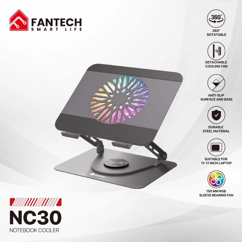 Fantech Cooling Pad Laptop Cooling Pad Metal Besi RGB NC30 Kipas Pendingin 360° untuk Laptop 11-17 Inch Pendinginan Maksimal & Desain Stylish
