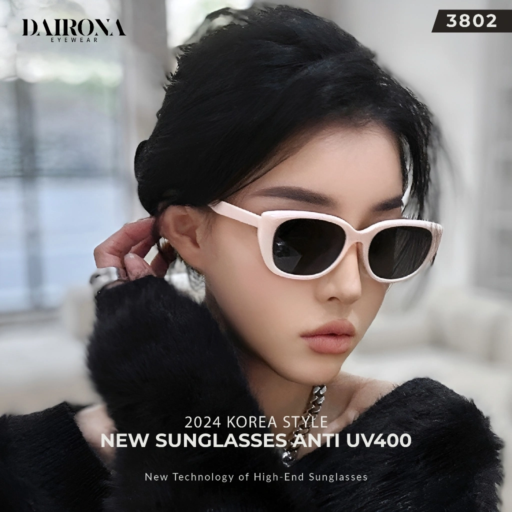 Dairona Eyewear Kacamata Hitam Gaya Korea UV400 Anti Sinar Matahari Sunglasses Terbaru Model Trendy Bentuk Cat Eye TR-90 3802