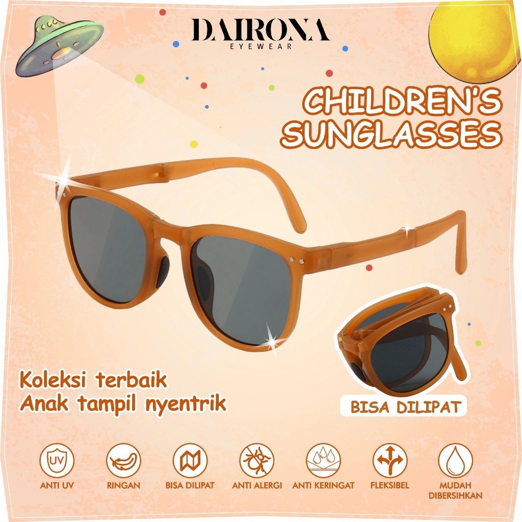 Dairona Eyewear Kacamata Lipat Hitam Anak Remaja Fashionable Kids Sunglasses Terbaru UV400 Polarized Anti Silau Bentuk Bulat TR-90 Lentur 9-079