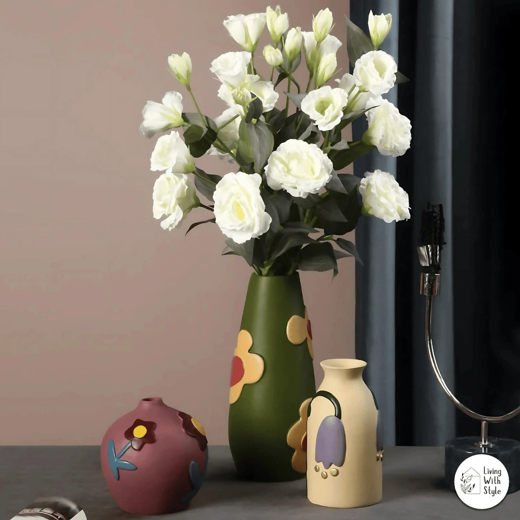 Living With Style - Colourful Nordic Flower Vase / Vas Bunga Keramik Motif Bunga / Warna Warni Cantik Aesthetic Luxury Mewah / Pajangan Lucu Unik