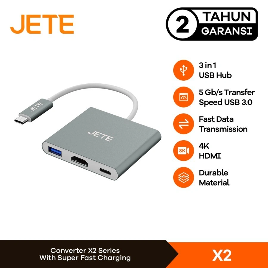 JETE Converter X2 3 in 1 Type-C Hub USB 3.0 HDMI - Garansi 2 Tahun