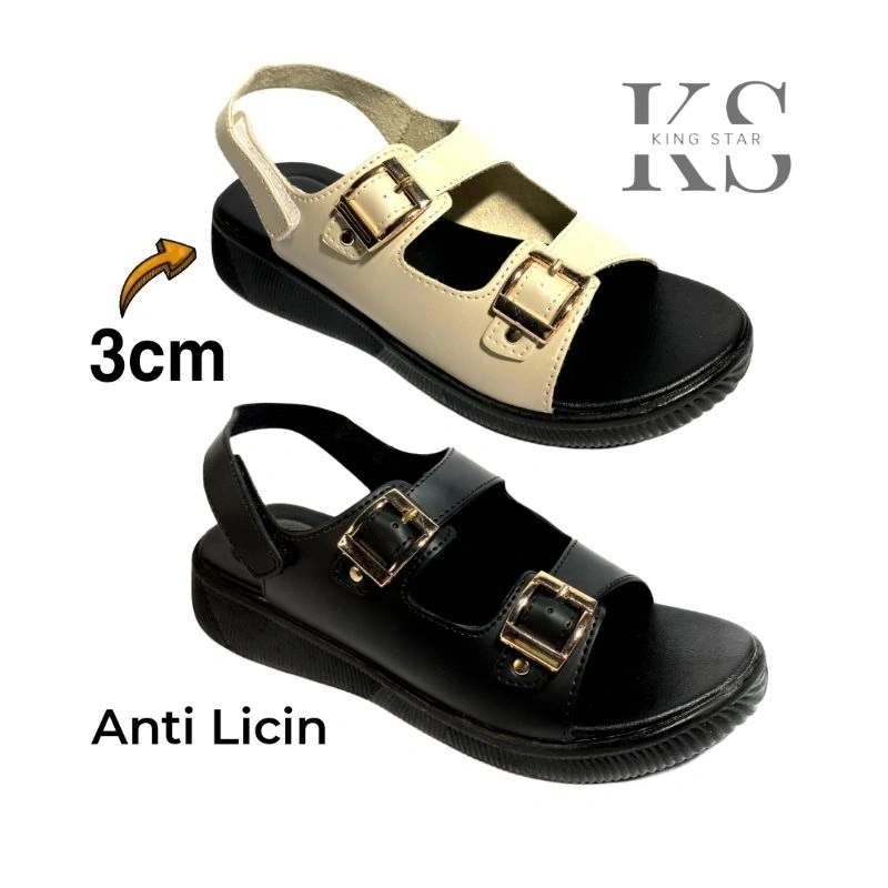 Sandal Wanita Wedges 3cm Sendal Tali Belakang Platform Double Strap Trendy Fashion Cewek Casual Gesper Led Velcro Kretek