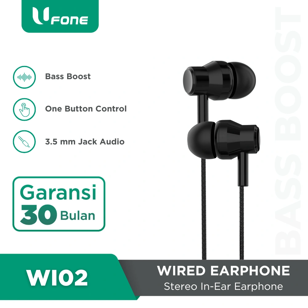 Ufone WI02 Wired Earphone Jack 3.5mm Audio In-Ear Headset Kabel Built-in Microphone Bass Boosted Garansi 30 Bulan