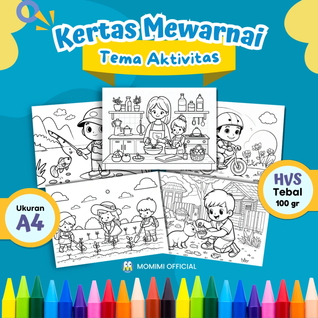 KERTAS MEWARNAI ANAK TEMA AKTIVITAS ANAK / KERTAS GAMBAR MEWARNAI ANAK PAUD TK SD - A4 TEBAL 100 gr