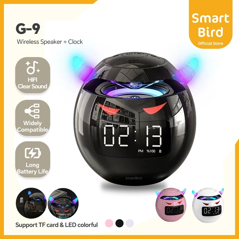 SmartBird Speaker&Clock G9 Cool little devil Bluetooth 5.0 Jam Alarm Clock TF Card Wireless Audio FM Stereo Outdoor Portable Subwoofer Handsfree Microphone  LED TWS