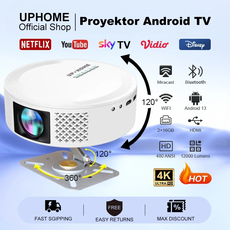 UPHOME T269 Pro Proyektor Android TV 1080P-4K HDMI WiFi dual-band 480 Ansl 12000 Lumens Smart Projector Android 13.0 Ram 2G Rom 16G / 4K Theater Proyektor / Proyektor Mini Portable HP