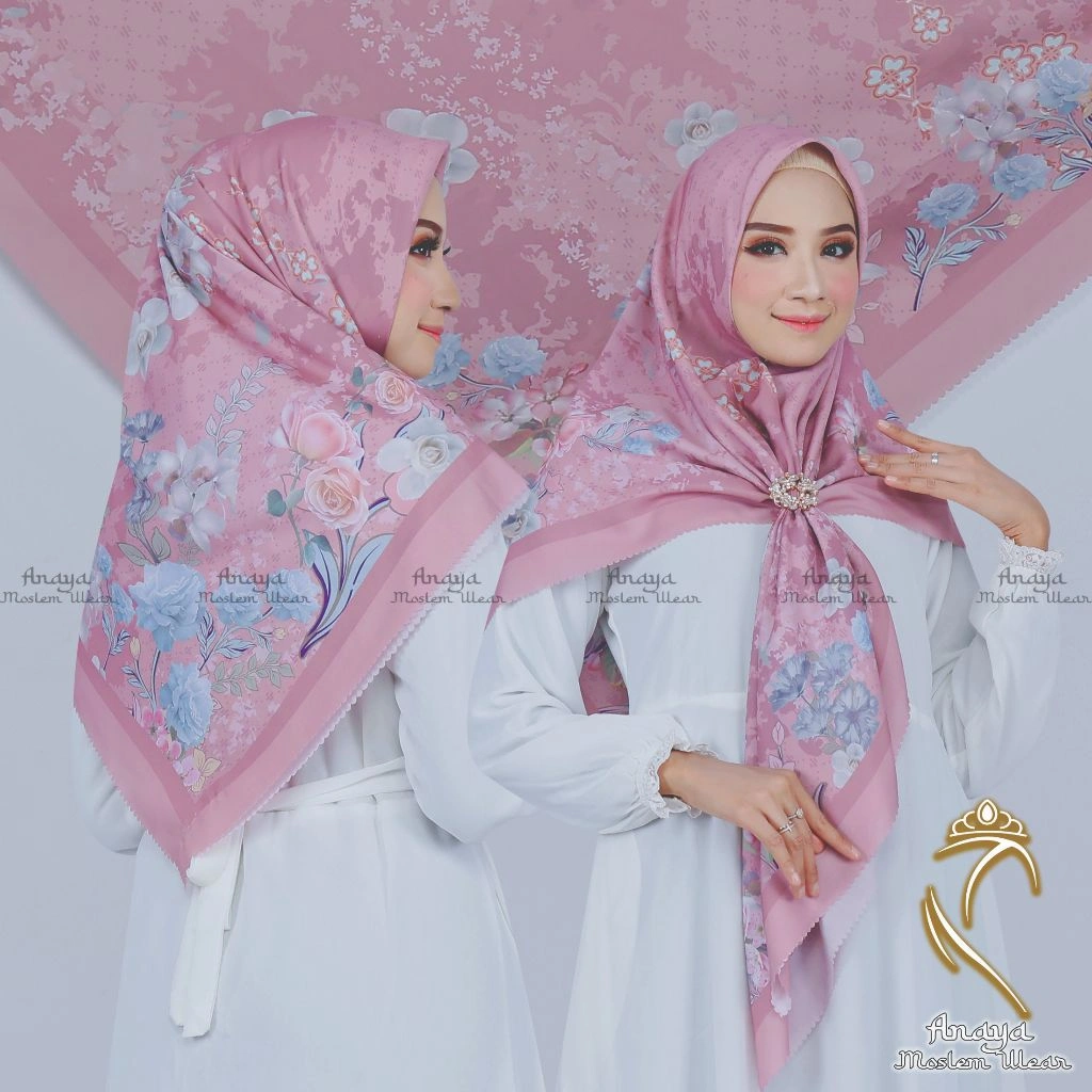 Jilbab Segi Empat Motif Syar'i 130x130 Voal  Mawar  Scarvest