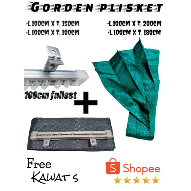 Gorden jendela polos serat wajik plisket fullset siap pasang + batang kotak alma fullset