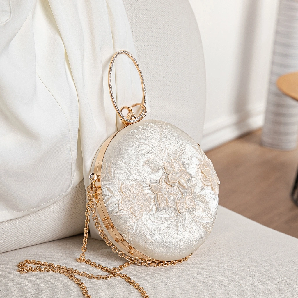 Tas Tangan Mutiara Emas dengan Bunga Hiasan / Tas Selempang Emas dengan Rantai Bunga / Tas tangan bunga bulat wanita / Tas fashion wanita bunga / Dinner Bag / Evening Dress Bag#880