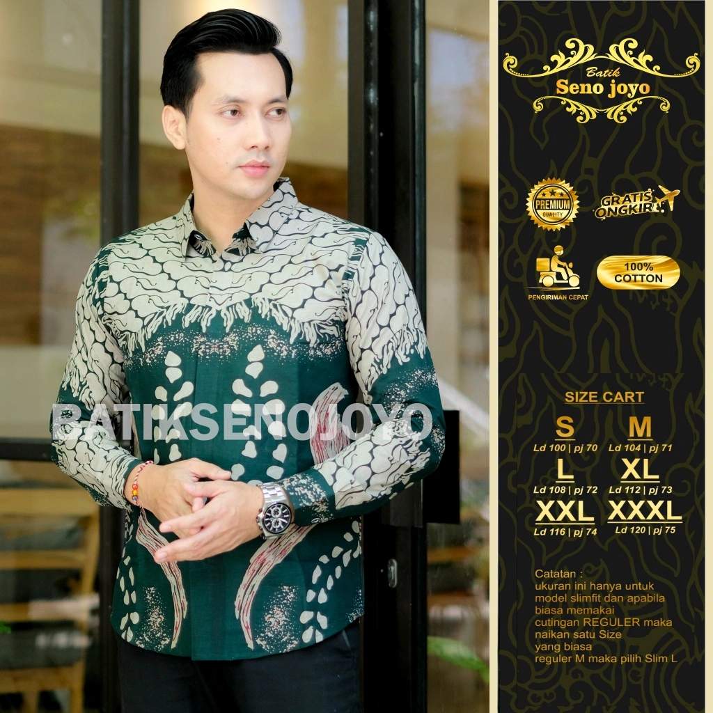 Kemeja Batik Premium Motif Andaru Hijau Bahan Catton Furing Erro Cutingan Slimfit Lengan Panjang