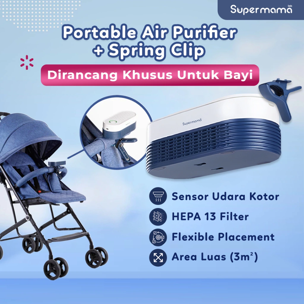 Air Purifier Portable Untuk Stroller Bayi | Pembersih Udara - Teknologi Filter HEPA-13 Dirancang Khusus Aman untuk Bayi & Keluarga Baik di Dalam Maupun di Luar Ruangan | Supermama Lab AirPury