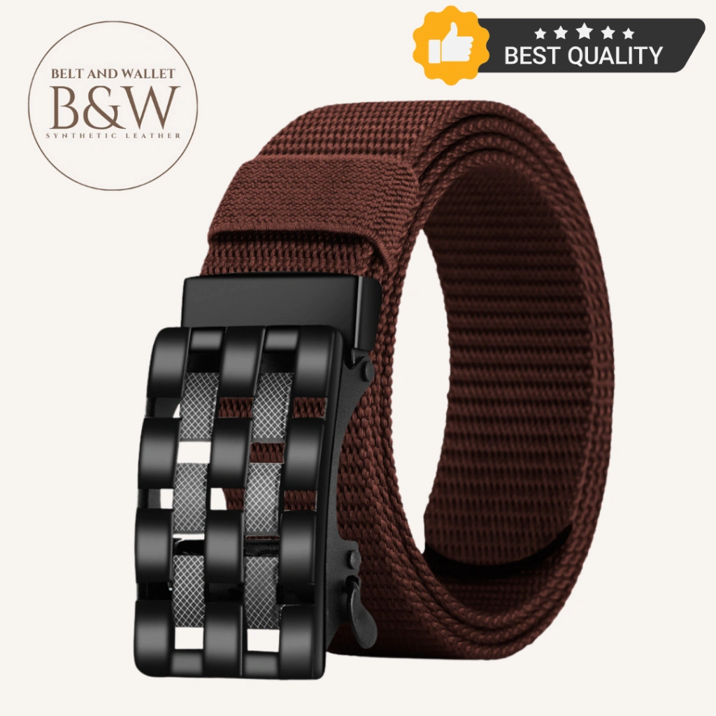 Sabuk Ikat Pinggang FBTP-02 Brown Pria Casual Tali Kanvas Gesper Besi Hitam Polos Aesthetic CHN3