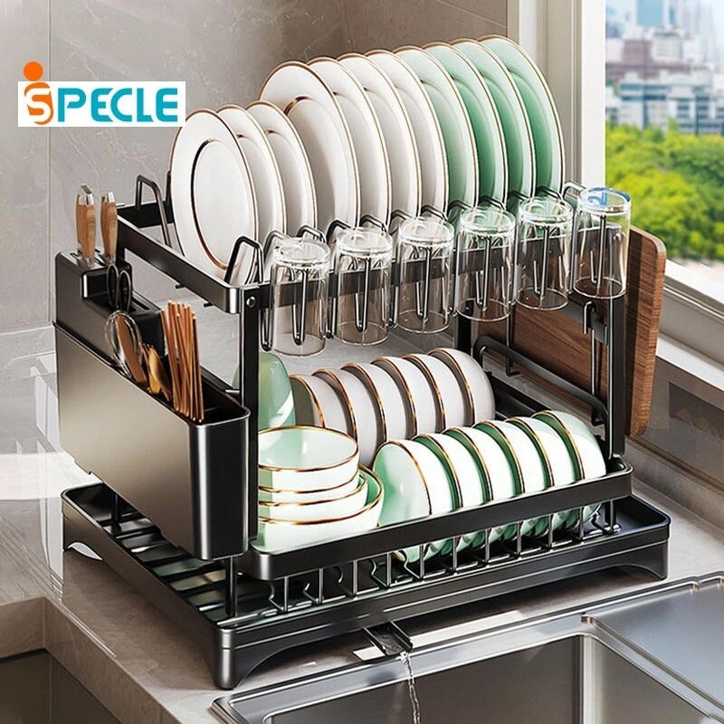 iSPECLE [Tidak Memerlukan Instalasi] Rak Piring Dapur Stainless Steel Penyimpanan Rak Pengering Piring Rak Mangkuk Piring