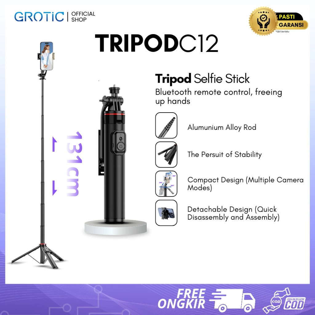 GROTIC Tripod Handphone Tongsis Portable With Remote Bluetooth And Detachable Mount 131cm C12