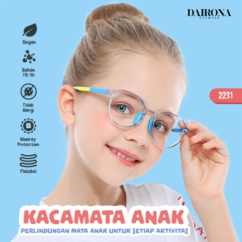 Dairona Eyewear Kacamata Anak Remaja Bisa Minus Lensa Anti Radiasi Anti Blueray Anti Myopia Kids Fashion Pria Wanita Bentuk Oval Lentur & Ringan TR-90 2231