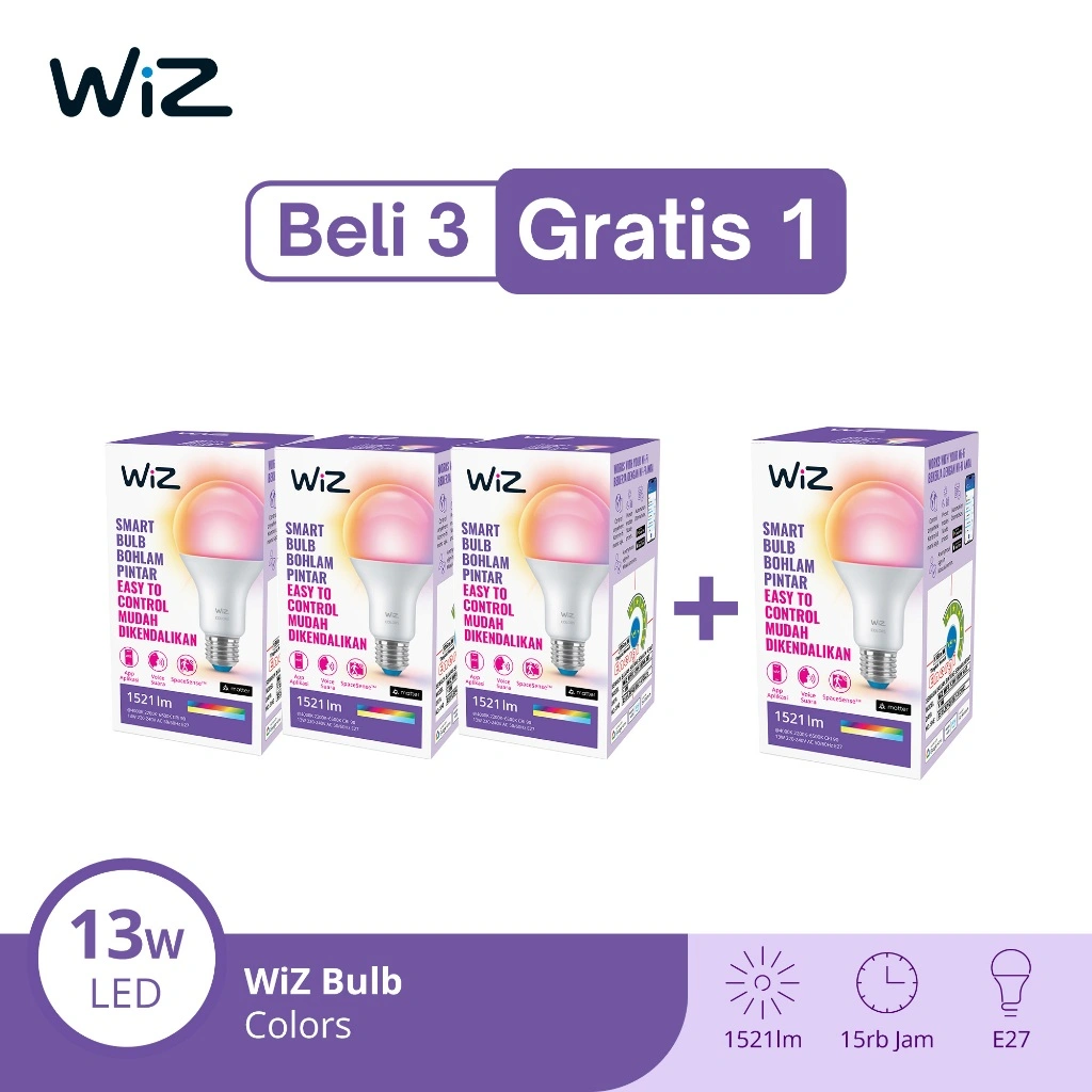 WiZ Paket Lampu Smart LED Bulb 13W RGB Beli 3 Gratis 1 - Lampu Tidur Anak